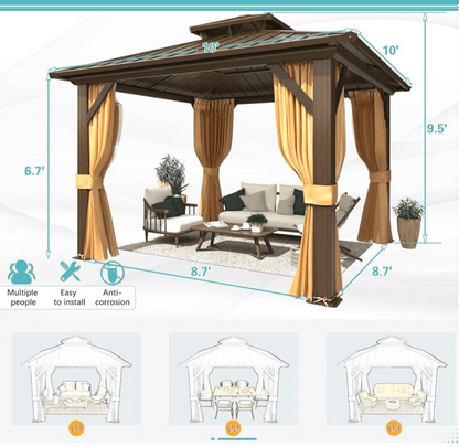 10' x 10' Hardtop Gazebo with Aluminum Frame and Galvanized Steel Double Roof
Gazebos, Permanent, Outdoor, Metal Pavilion, with Curtain and Netting, for Patio, Lawn, Deck