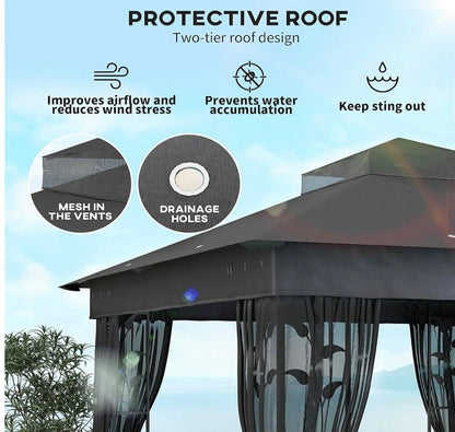 10' x 10' Outdoor Gazebo with Shelves and Netting, Double Roof Patio Gazebo Canopy Shelter, UV30+ Protected for Lawn, Backyard and Deck, Dark Gray