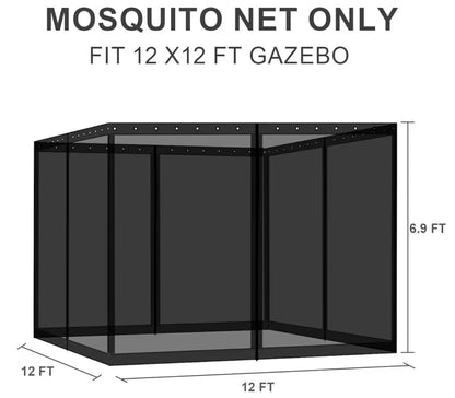 12' x 12' Gazebo Universal Mosquito Netting Screen Replacement, 4-Panel Mesh Screen Walls with Double Zippers for Outdoor Patio, Black (Mosquito Net Only)
