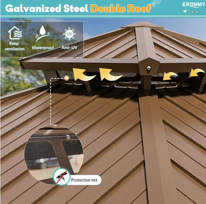 10' x 12’ Hardtop Gazebo with Aluminum Frame and Galvanized Steel Double Roof
Gazebos, Permanent, Outdoor, Metal Pavilion, with Curtain and Netting, for Patio, Lawn, Deck