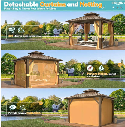 10' x 12’ Hardtop Gazebo with Aluminum Frame and Galvanized Steel Double Roof
Gazebos, Permanent, Outdoor, Metal Pavilion, with Curtain and Netting, for Patio, Lawn, Deck