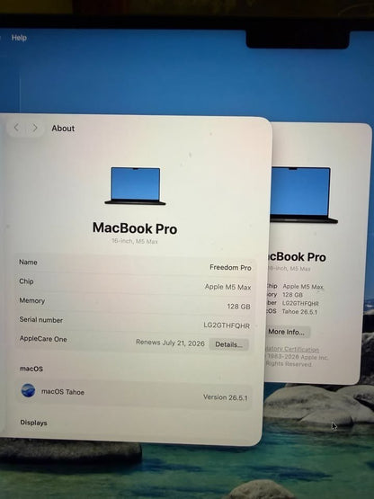MacBook Pro 16-inch M5 Max with 128gb ram and 4tb ssd. 2 year Micro Center